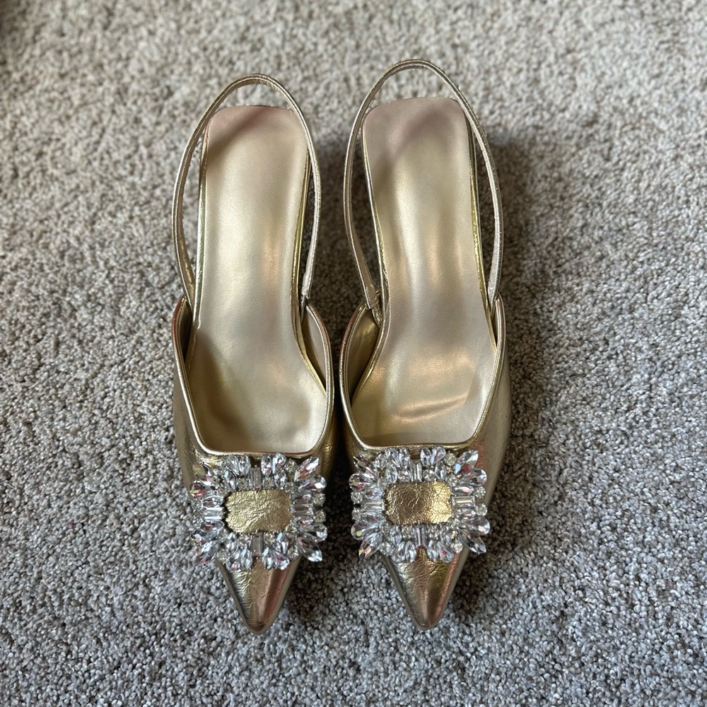 Elegant Gold Slingback Heels with Crystal Embellishment